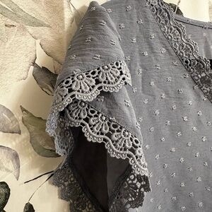 Blue Swiss Dot Textured Blouse with Cross Over Sleeve Detail